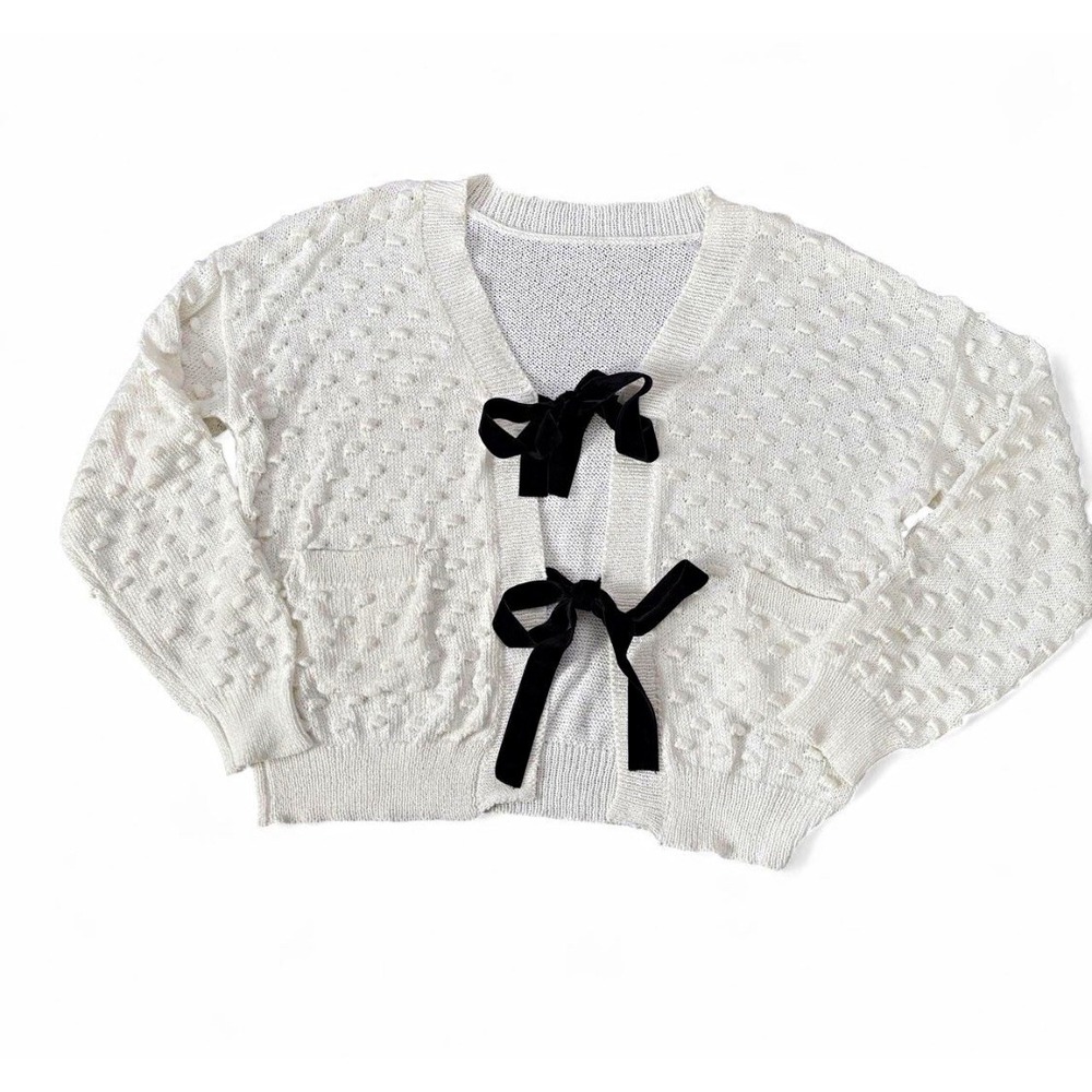 Better Be m cottagecore white Knit Tie-Front Cardigan Sweater V-Neck Bow Accent